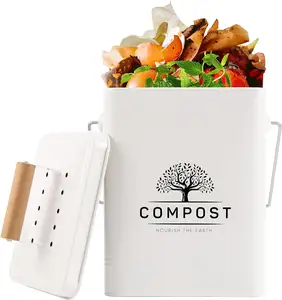 Poubelle à déchets alimentaires compostable de 1.7 gallons, 6L, poubelle à composter rectangulaire en métal avec couvercle filtre à charbon et poignée en bois