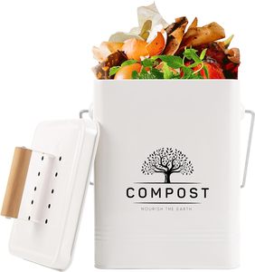 Poubelle à déchets alimentaires compostable de 1.7 gallons, 6L, poubelle à composter rectangulaire en métal avec couvercle filtre à charbon et poignée en <span class=keywords><strong>bois</strong></span> - Product Image 1