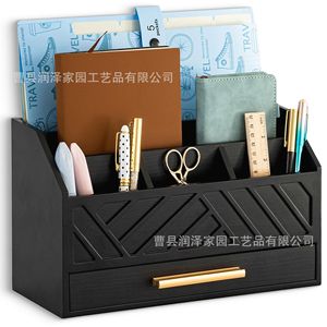Black Wooden Desktop Organizer With <b>Drawer</b> <b>File</b> Holder Stationery Storage Office Supplies Shelf Rectangle Standing Type - Product Image 4