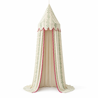Dôme de lit bébé floral vert 100 % coton respirant, tente de berceau pliable toutes saisons avec pompons rouges et bordure à volants