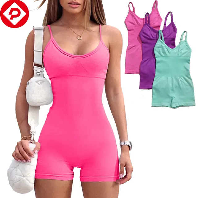 Mulheres Yoga Jumpsuit Workout Seamless Lady Sports com nervuras Curto Macacão Sem Mangas Fitness One Piece Jumpsuit