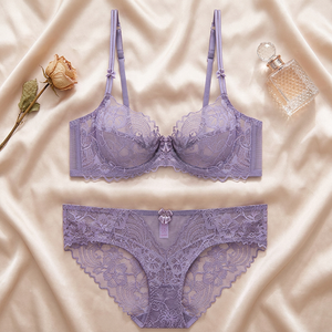 Ensemble de Lingerie en Dentelle Florale pour Femme, Soutien-Gorge à Armatures Transparent et Culotte, Ensemble 2 Pièces Style Français, Grande Taille, Vente en Gros - Product Image 4