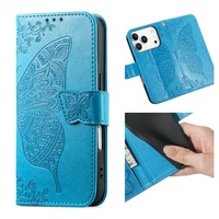 Étui portefeuille à rabat pour iPhone 18 17 Pro Max avec porte-cartes, motif papillon et fleur en relief, en cuir PU