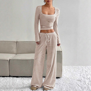 Conjunto Casual de Pantalones Anchos de Cintura Alta con Cuello Cuadrado y Rayas <span class=keywords><strong>para</strong></span> Mujer, Conjunto de Pantalones a Rayas Sólidas - Product Image 4