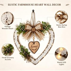 Décoration murale rustique en forme de cœur avec inscription « Home » éclairée, décoration suspendue en bois pour la maison, Saint-Valentin, motif floral botanique - Product Image 3