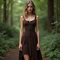 Robe longue asymétrique marron pour femme, style corset à lacets, bretelles larges, coupe haute-basse, style bohème gothique, pour soirée, vente en gros, personnalisable