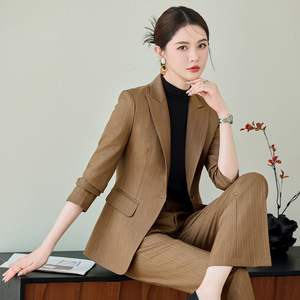 Green Striped Women's Suit Set Polyester Anti-Wrinkle Casual Professional Wear - Product Image 2