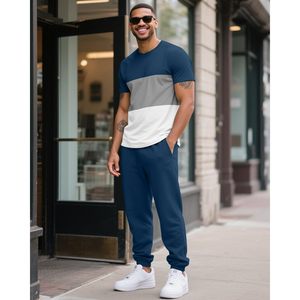 <b>Mens</b> 2 Piece Sweatsuits Set Short Sleeve <b>Pullover</b> Joggers Sweatpants Summer Casual Breathable Tracksuit Outfits - Product Image 4