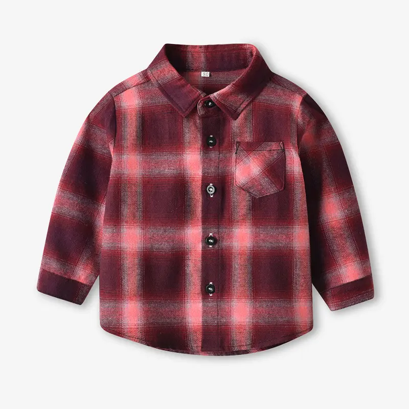 Camicia con bottone a manica lunga per bambini a quadri a quadri rosso verde comodo e morbido con collo basso flanella per ragazzi