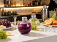 Bouteille ronde sphérique en plastique PET transparent de qualité alimentaire écologique de 150 ml et 200 ml avec couvercle en aluminium pour jus, lait, thé, boissons