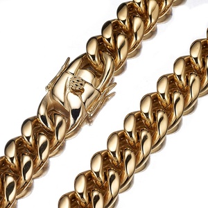 Cadena de Eslabones Cubanos <span class=keywords><strong>Miami</strong></span> de Acero Inoxidable Chapada en Oro de 14k, Estilo Hip Hop para Hombre - Product Image 3