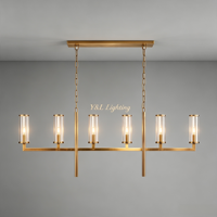 Suspension linéaire pour îlot de cuisine, cadre en laiton antique, abat-jour en verre cylindrique transparent, 6 lumières, lampe suspendue à bougies, éclairage LED