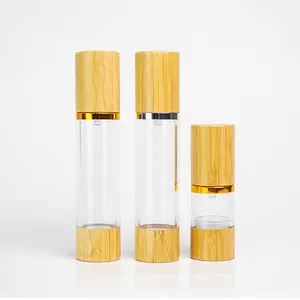 環境にやさしい竹キャップ竹底プラスチックローションエアレスボトルポンプ蓋付きエアレスポンプボトル