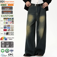 Jeans en denim pour hommes 100% coton, coupe bootcut, style streetwear vintage, jambe large droite, avec logo personnalisé et finition Monkey Wash, fabrication