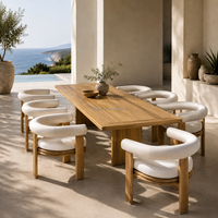 Ensemble de salle à manger d'extérieur en teck de luxe, table de patio 8 places avec fauteuils rembourrés pour villa, hôtel, complexe hôtelier, ferme, appartement