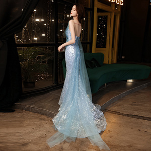 S3631Y <strong>SilverBlue</strong> Mermaid Evening Gown 3D Butterfly Tulle Neck Full Sequin Sparkly Formal Prom Dress With Detachable Tulle Train - Product Image 4