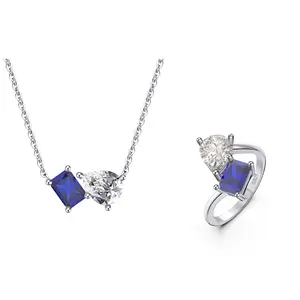RINNTIN SN333 SR313 Fine Jewelry Sets Blue 4A Cubic Zirconia Series Jewelry Set 925 Sterling Silver Jewelry Set Necklace Ring