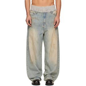 Pantalon en jean ample bleu clair délavé style Y2K pour homme, coupe décontractée, taille élastique, double ceinture, coupe baggy, vente en gros - Product Image 1