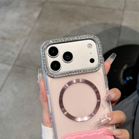 Étui de téléphone magnétique transparent de luxe avec support pour iPhone 18 ProMax 17 16 15 14 Plus, coque de protection avec cadre d'objectif en diamant scintillant