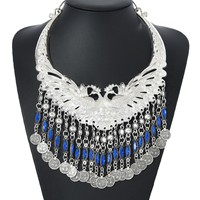 Nouveau collier ras du cou imposant style bohème antique, grand paon en alliage de zinc, multi-couches, strass et pampilles en forme de pièce de monnaie