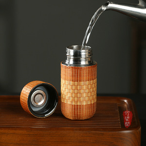 Pure Handmade Bamboo Woven <b>Thermos</b> Cup Pure Titanium Compact Travel Portable Mini <b>Tea</b> Cup Screw Cap Round Shape - Product Image 1