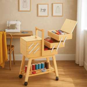 Wooden Sewing Trolley With Wheels And Storage <b>Shelf</b> 34x23x57 Cm 3 Level <b>Basket</b> Hinged Opening - Product Image 5