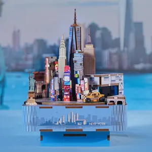 Tonecheer kotak musik, hadiah ulang tahun New York, mainan kayu buatan tangan, kotak musik seri Puzzle musik Kota
