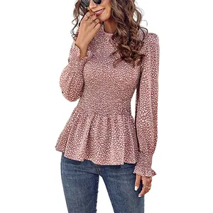 2023 OEM gümrük kadın üst bluz ve gömlek Casual uzun kollu Crewneck çiçek baskı önlüklü fırfır gömlek tunikler
