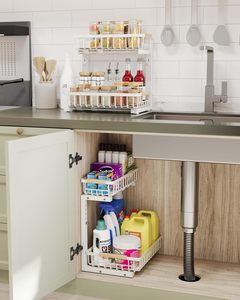 Double Tier <b>Standing</b> Kitchen Alloy Steel Sink Storage Shelves Height Adjustable Pull Cabinet Organizer Eco-Friendly - Product Image 2
