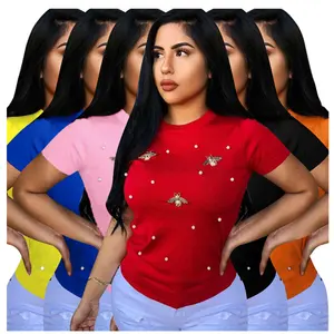 Camiseta feminina de manga curta, blusa frisada de manga curta para mulheres, design simples, casual