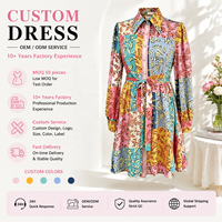 Robe chemise mini pour femme, style décontracté et festif, à col, manches longues, motif floral à pois, patchwork color block, avec ceinture à nouer, ODM