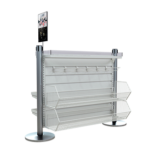 Retail Queue Line <b>Display</b> Rack Metal Slatwall Merchandising Shelf with Hooks and <b>Baskets</b> for Checkout Counter - Product Image 1