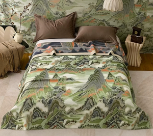 Couverture <span class=keywords><strong>de</strong></span> <span class=keywords><strong>lit</strong></span> en chanvre jacquard super douce, style chinois, 230x250cm, motif rivières et montagnes, jeté <span class=keywords><strong>de</strong></span> canapé toutes saisons - Product Image 1