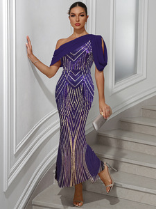 2026 In-Stock Hot Sale European and American New Style Women's Dress One-Shoulder Chiffon <b>Patchwork</b> Sequin Long Dress Party Gown - Product Image 5