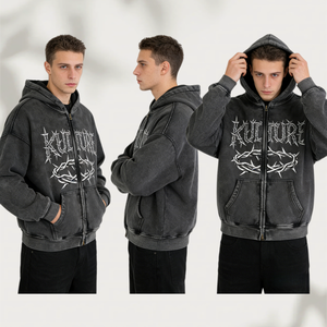 เสื้อฮู้ดซิปผู้ชายสไตล์วินเทจคลาสสิคแบบลำลอง พิมพ์ลายปัก ดีไซน์โอเวอร์ไซส์ - Product Image 2