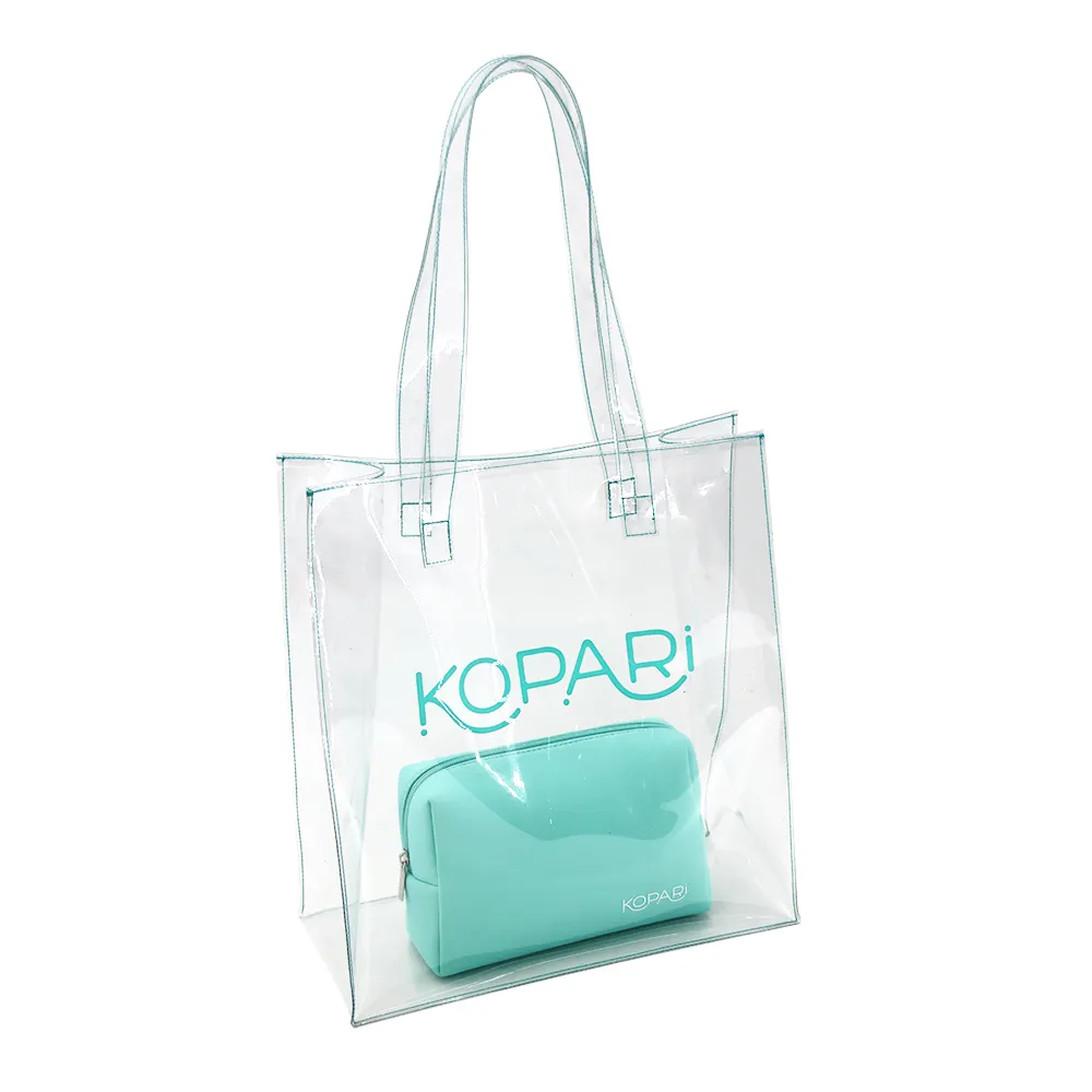 Özel Private Label temizle PVC plaj çantası çanta şeffaf plastik alışveriş Tote el çantaları kadınlar için
