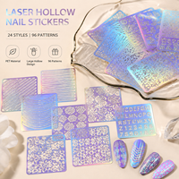 1 SET Autocollants de Nail Art Découpés au Laser, Pochoirs Creux en PET, Décalcomanies de Manucure, 24 Motifs, 96 Formes pour Salon de Manucure et DIY
