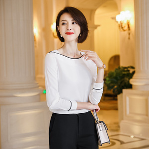 White Long Sleeve Blouse Women Office Wear Contrast Color Splicing Anti-Wrinkle Professional Top Fashionable Trendy Cross-border - Product Image 2