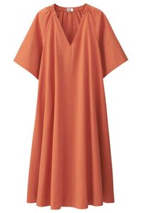 Robe longue trapèze pour femme, orange corail, à manches courtes, col en V, coupe décontractée, encolure froncée et silhouette évasée - Product Image 3