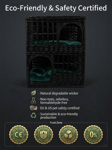 Black Rattan <strong>2</strong>-<strong>Tier</strong> <strong>Cat</strong> House Wicker Enclosure Removable Cushions Cozy Indoor Pet House <strong>Beds</strong> - Product Image 3