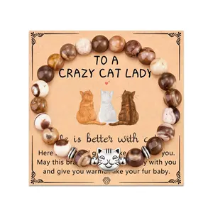 Go Party Großhandel Naturstein Perlen Armband Katze Armbänder Crazy Cat Anhänger Karte Armbänder für Frauen Männer Geschenk