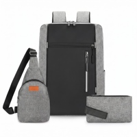 Sac à dos universitaire minimaliste noir mat imperméable en tissu Oxford avec fermeture éclair antivol pour homme, idéal pour les trajets quotidiens, ensemble de trois pièces