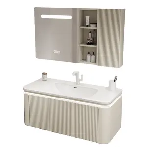 2022最新米色浴室柜，带条纹设计橡木实木壁挂式镜柜