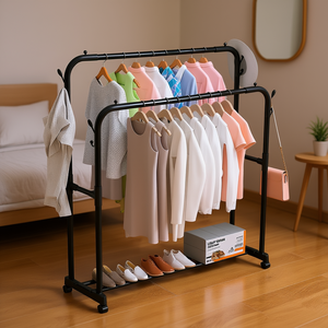 Porte-vêtements à double niveau Myrva avec étagère à chaussures et miroir, rangement de vêtements en métal sur pied pour armoire, design moderne - Product Image 2