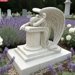 YOUFINE Pierre tombale en <span class=keywords><strong>marbre</strong></span> blanc sculptée à la main, motif ange pleurant avec croix, statue commémorative pour cimetière - Product Image 6