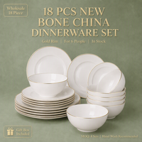 Vente en gros de 18 pièces de vaisselle en porcelaine fine blanche à bord doré, élégante et luxueuse, pour 6 personnes, avec boîte cadeau