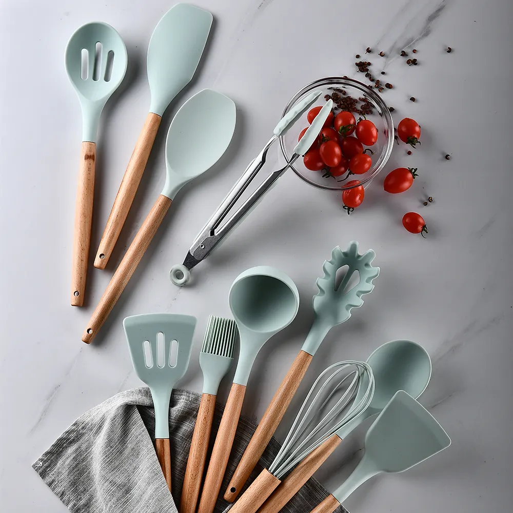 Best Seller Silicone Kitchen Utensils With Beech Handle Kitchenware Sets Mint Green Cooking Tools