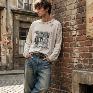 เสื้อยืดแขนยาวผู้ชาย TKAN492 แฟชั่นสตรีทแวร์ พิมพ์ลายวินเทจ ทำสีซีด 100% ผ้าฝ้าย เสื้อยืดลำลองแบบสั่งทำพิเศษสำหรับผู้ชาย - Product Image 1