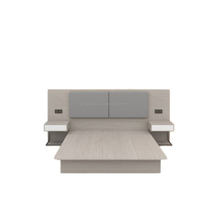 Budget Friendly Hotel Bedroom Sets Modern Wood <b>Platform</b> <b>Bed</b> <b>Frame</b> With Soft Grey Headboard Nightstands & Lounge Chair for Hotels - Product Image 3