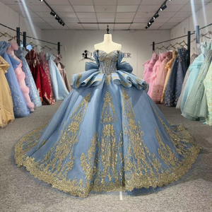 Dy20304 Dusty Blue Sweetheart <b>Corset</b> Bodice Ball Gown <b>Prom</b> <b>Dress</b> Heavy Gold Sequin Applique Layered Bow Train Jancember - Product Image 4